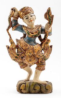 South Asian Polychrome Painted Wood Apsara Statue