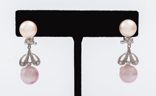 14K White Gold Pink Cream Pearl Diamond Earrings
