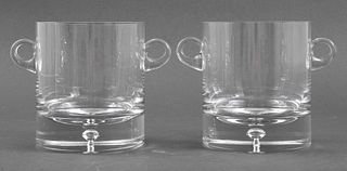 Modern Hand Blown Clear Glass Ice Buckets, Pair
