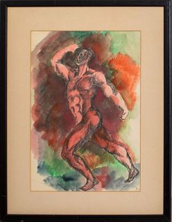 Julio Chico 'Nude Man' Ink & Watercolor on Paper