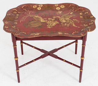 Red and Gold Painted Tole Peinte Tray Side Table
