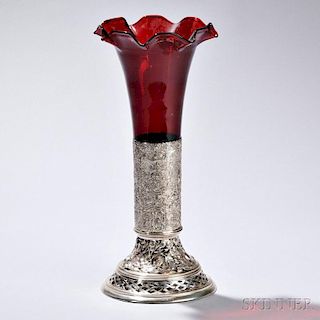German .800 Silver and Ruby Glass Vase