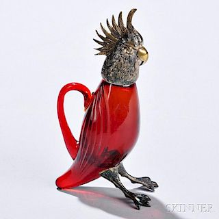 Spanish Sterling Silver-mounted Ruby Glass Parrot-form Jug