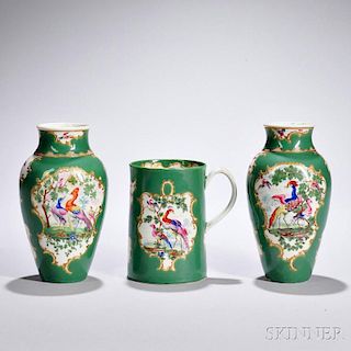 Three Apple Green Glazed Worcester Porcelain Items