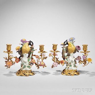 Pair of Gilt Bronze and Porcelain Two-light Candleabra