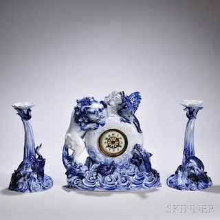 Three Pieces Blue Glazed Mythical Design Clock Garniture