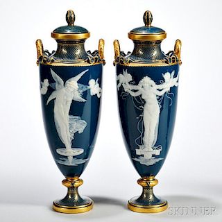 Pair of Mintons Louis Solon Decorated Pate-sur-Pate Vases and Covers
