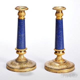 Pair of Empire Revival Lapis Lazuli and Brass Candlesticks