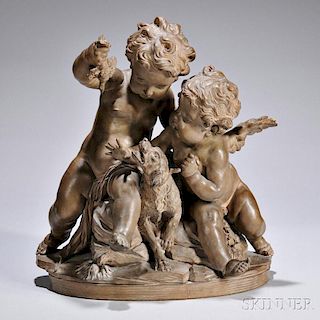 French School, Late 19th/Early 20th Century       Terra-cotta Group of Two Putti and a Hound