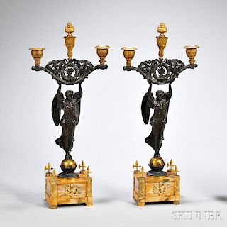 Pair of Empire Gilded and Patinated Bronze Figural Three-light Candelabra