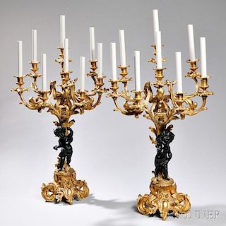 Pair of Louis XV-style Gilt and Patinated Bronze Seven-light Candelabra