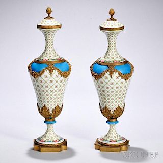 Pair of Bronze-mounted Sevres-type Porcelain Vases and Covers