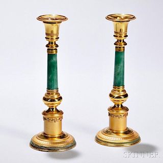 Pair of Brass, Gilded Silver, and Jadeite Candlesticks