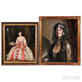 Marietta Cotton (American, 1860-1926)      Two Portraits of Bejeweled Women in Elegant Dress: Lady in Black