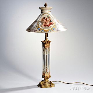 Lobmeyer-style Enameled Glass Lamp with Painted Porcelain Shade
