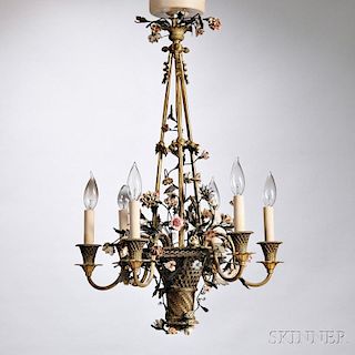 Porcelain-mounted Brass Six-light Chandelier