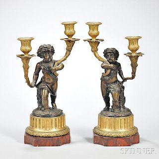 Pair of Louis XVI-style Patinated and Gilt-bronze Two-light Candelabra