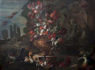 * Continental School, (18th/19th century), Large Urn of Flowers in a Landscape with Ducks