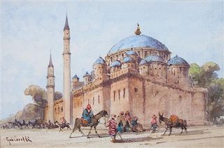 Gabriele Carelli, (Italian, 1820-1900), Figures in front of a Mosque