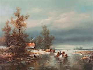 * Ludwig Muninger, (German, 1929-1997), Winter Lake Scene with Villagers