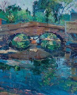 Thomas Barnett, (American, 1870-1929), Pond Scene with Bridge