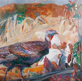 George Harding, (American, 1882-1959), Turkey and Hens in a Field, 1927