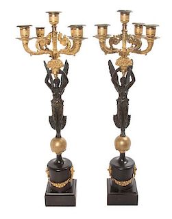 * A Pair of French Gilt and Patinated Bronze Five-Light Candelabra Height 26 inches.