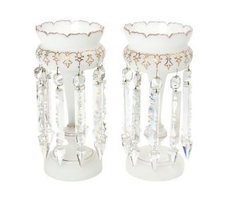 * A Pair of Frosted Glass Girandoles Height 12 3/4 inches.