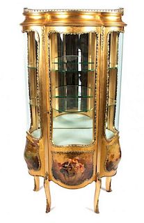 A Gilt Metal Mounted Vernis Martin Vitrine Cabinet Height 57 1/2 x width 30 x depth 17 inches.