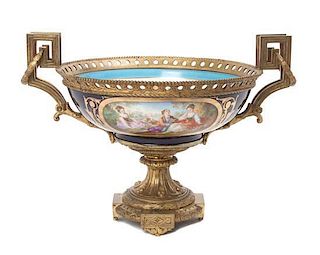 * A Sevres Style Gilt Bronze Mounted Porcelain Center Bowl Height 9 1/2 x diameter 16 1/2 inches.