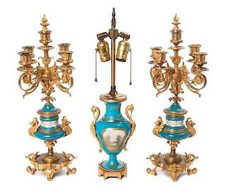 * A Sevres Style Gilt Bronze Mounted Porcelain Garniture Height of tallest 20 1/4 inches.