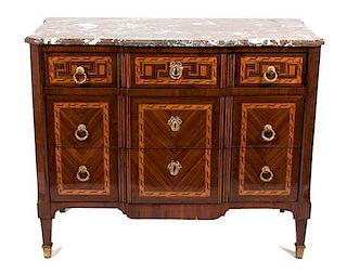 * A Louis XVI Style Parquetry and Mahogany Commode Height 24 1/2 x width 42 1/2 x depth 22 inches.