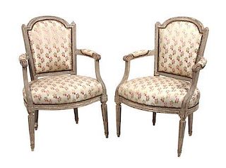* A Pair of Louis XVI Style Cream Painted Fauteuil Height 24 inches.