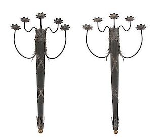 A Pair of Metal Five-Light Sconces Height 43 inches.