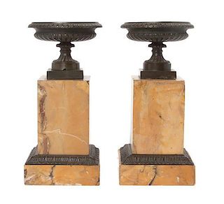 * A Pair of Grand Tour Bronze Urns Height 10 1/2 inches.