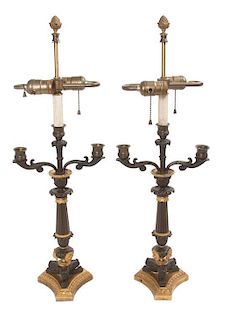 * A Pair of Empire Gilt and Patinated Bronze Table Lamps Height 26 1/4 inches.