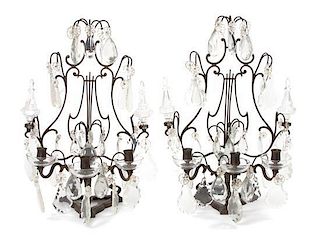 * A Pair of English Lyre-Form Three-Light Girandoles Height 20 1/4 x width 14 1/2 inches.