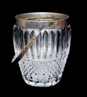 * An English Cut Glass and Silver Plate Handled Bottle Coaster Height 5 3/8 x diameter 4 1/4 inches.