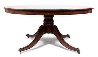 An English Mahogany Round Dining Table Height 29 1/2 x diameter 65 1/2 inches.