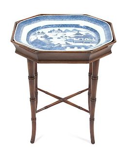 A Chinese Export Porcelain Platter Inset Side Table Height 22 x width 17 3/4 x depth 14 inches.