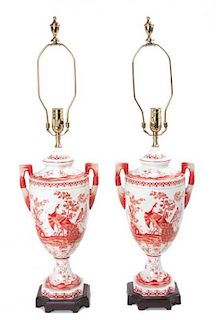 * A Pair of Chinese Export Style Porcelain Lamps Height overall 32 1/4 inches.