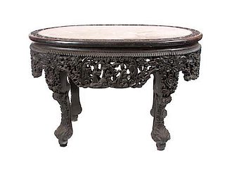 * An Oval Chinese Export Marble Top Table Height 31 x width 48 x depth 31 1/4 inches.