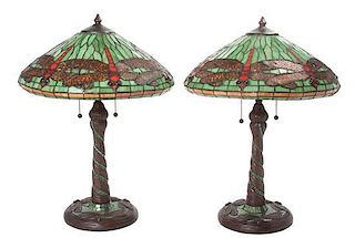 * A Pair of American Leaded Glass Table Lamps Height 23 inches.