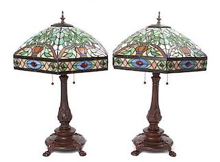 * A Pair of American Leaded Glass Table Lamps Height 27 inches.