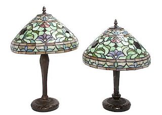 * A Set of Two American Leaded Glass Table Lamps Height of tallest 20 inches.