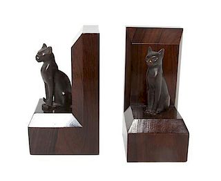 A Pair of Wood and Bronze Siamese Cat Bookends Height 8 x width 4 1/2 x depth 3 3/4 inches.