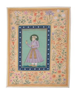 A Collection of Seven Indian Mughal Miniatures Height of largest 13 x width 9 inches.