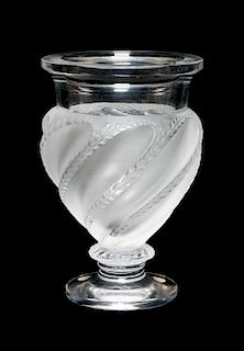 * A Lalique Molded and Frosted Glass Vase Height 5 7/8 inches.