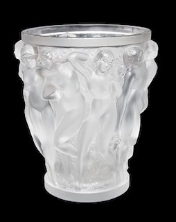 * A Lalique Molded and Frosted Glass Vase Height 9 5/8 inches.