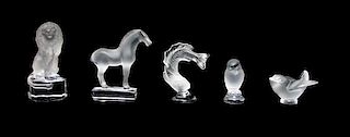 * Three Lalique Molded and Frosted Glass Paperweights Height of first 3 7/8 inches.